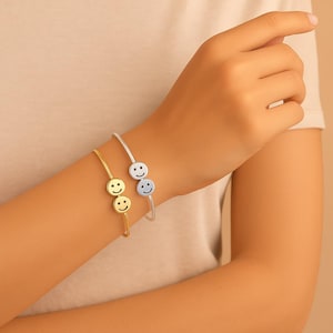Smiley Face Bangle Bracelet Set – Gold and Silver Minimalist Adjustable Bracelets, Happy Face Bracelet, Smile Bracelet, Bridesmaid Bracele