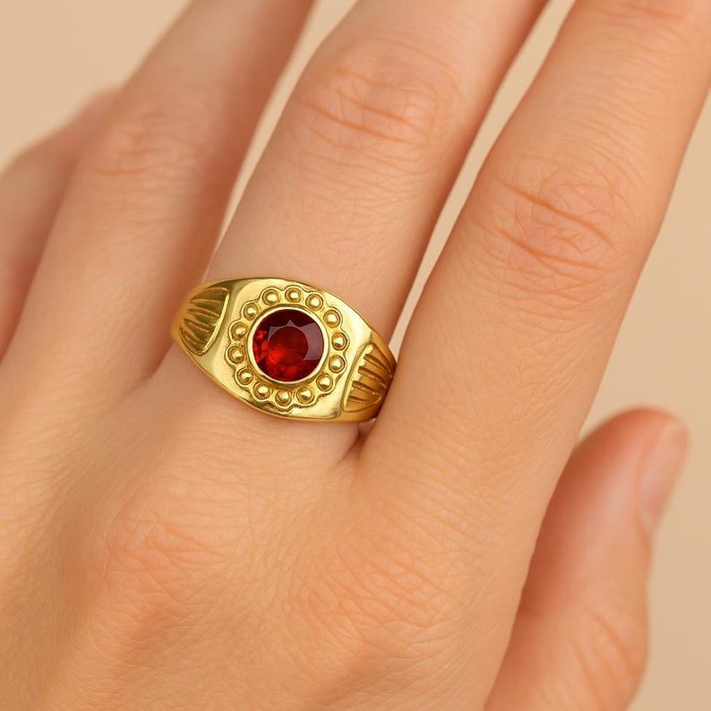 Garnet Stone Gold Ring, Red Gemstone Statement Ring, Handmade Brass Ring, Vintage Style Cocktail Ring, Gift for Her, AK-3ln1yu image 2