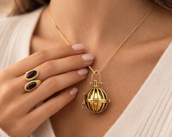 Gold Harmony Ball Locket Necklace, Boho Pregnancy Bola Pendant, Geometric Sphere Cage Necklace, Vintage Spiritual Jewelry Gift for Mom