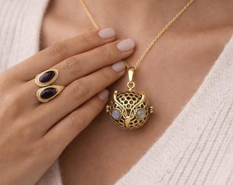 Gold Owl Harmony Ball Necklace, Brass Locket Pendant, Minimalist Boho Jewelry