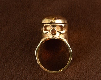 Brass Pillbox Poison Ring with Skull Box Secret Compartment, Gold Gothic Ring with Skull Box Secret Compartment, handmade statement ring