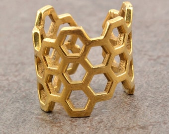 Gold Honeycomb Ring, Geometric Hexagon Cuff Ring, Minimalist Statement Ring, Modern Gold Band, Unique Architectural Jewelry Gift,  AK-3lh1cd