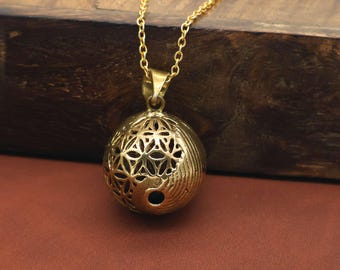 Gold Sacred Geometry Sphere Locket Necklace, Flower of Life Ball Pendant, Aromatherapy Diffuser Jewelry, Boho Spiritual Gift for Her