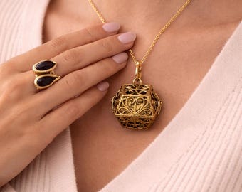 Gold Cube Locket Necklace, Vintage Filigree Box Pendant, Harmony Ball Cage Necklace, Boho Spiritual Keepsake Jewelry Gift for Her