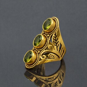 Peridot Gold Statement Ring, Triple Green Gemstone Ring, Vintage Style Handmade Brass Ring, Boho Luxury Jewelry, Gift for Her image 5