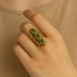 Peridot Gold Statement Ring, Triple Green Gemstone Ring, Vintage Style Handmade Brass Ring, Boho Luxury Jewelry, Gift for Her image 2