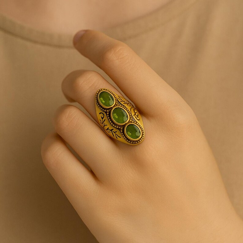 Peridot Gold Statement Ring, Triple Green Gemstone Ring, Vintage Style Handmade Brass Ring, Boho Luxury Jewelry, Gift for Her image 2