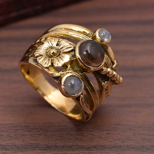 Flower Design 14K Gold Brass Handmade Smoky and Labradorite Gemstone Dainty Ring for women, Floral Gold Ring, engagement ring,statement ring