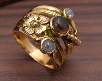 Flower Design 14K Gold Brass Handmade Smoky and Labradorite Gemstone Dainty Ring for women, Floral Gold Ring, engagement ring,statement ring