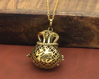 Gold Lucky Money Bag Locket Necklace, Feng Shui Wealth Pendant, Chinese Prosperity Charm Necklace, Harmony Bola Ball Pendant, Gift for Her