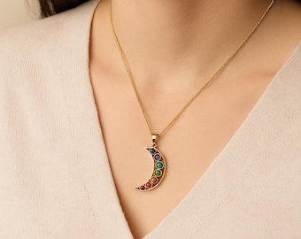 Chakra Crescent Moon Necklace, Gold Moon Pendant with Gemstones, Spiritual Healing Jewelry, Boho Celestial Necklace,Yoga Energy Gift for Her
