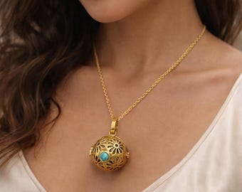 Gold Brass Floral Sphere Locket Necklace, Turquoise Stone Pendant, Aromatherapy Diffuser Jewelry