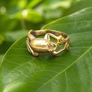 May include: A polished gold-tone metal ring featuring a sculpted frog design that wraps around the band. The frog is depicted in a resting position with its legs extended along the sides of the ring, showcasing a smooth, reflective surface finish.