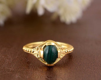 Natural Malachite Ring - 8x10mm Oval Malachite Ring - 18k Gold Plated Ring - Gemstone Ring - 925 Sterling Silver - Stacking Ring - Gold ring