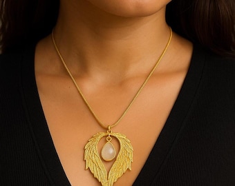 Gold Angel Wing Necklace, Moonstone Pendant, Spiritual Protection Jewelry, Boho Feather Wing Charm, Healing Necklace,Minimalist Gift for Her