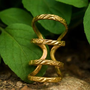 May include: A gold-colored ring with an intricate design. The ring features four bands connected by curved supports. The bands have a textured pattern, and the ring is set against a backdrop of green leaves and a stone surface.