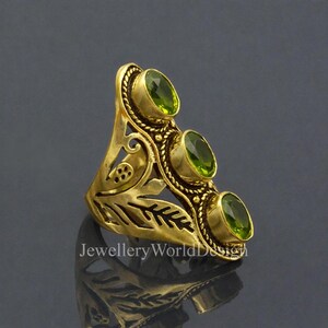 Peridot Gold Statement Ring, Triple Green Gemstone Ring, Vintage Style Handmade Brass Ring, Boho Luxury Jewelry, Gift for Her image 3