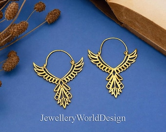 Phoenix Hoop Earrings, Boho Bird Earrings, Gold Brass Hoop Earrings, Tribal Festival Jewelry, Statement Earrings, Handmade Gift for Her