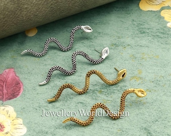 Handmade Brass Gold Snake Dangle Earrings, Boho Reptile Statement Jewelry