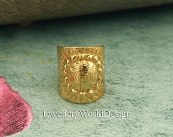Vintage Sunburst Shield Ring, Statement Ring, Antique Style Wide Band Ring, Boho Tribal Ring, Unique Textured Gold Ring, Gift for Her Him