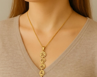 7 Chakra Necklace, Seven Chakra Pendant Necklace, Spiritual Gold Jewelry, Yoga Meditation Necklace, Long Statement Necklace, Gift for Her