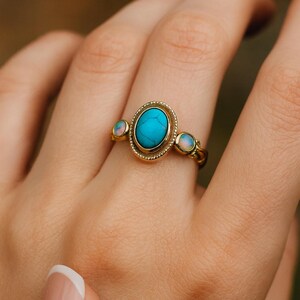 Turquoise Opal Ring, Gold Gemstone Ring with Opal Accents, Boho Statement Ring, Vintage Style Oval Stone Ring, Gift for Her image 2