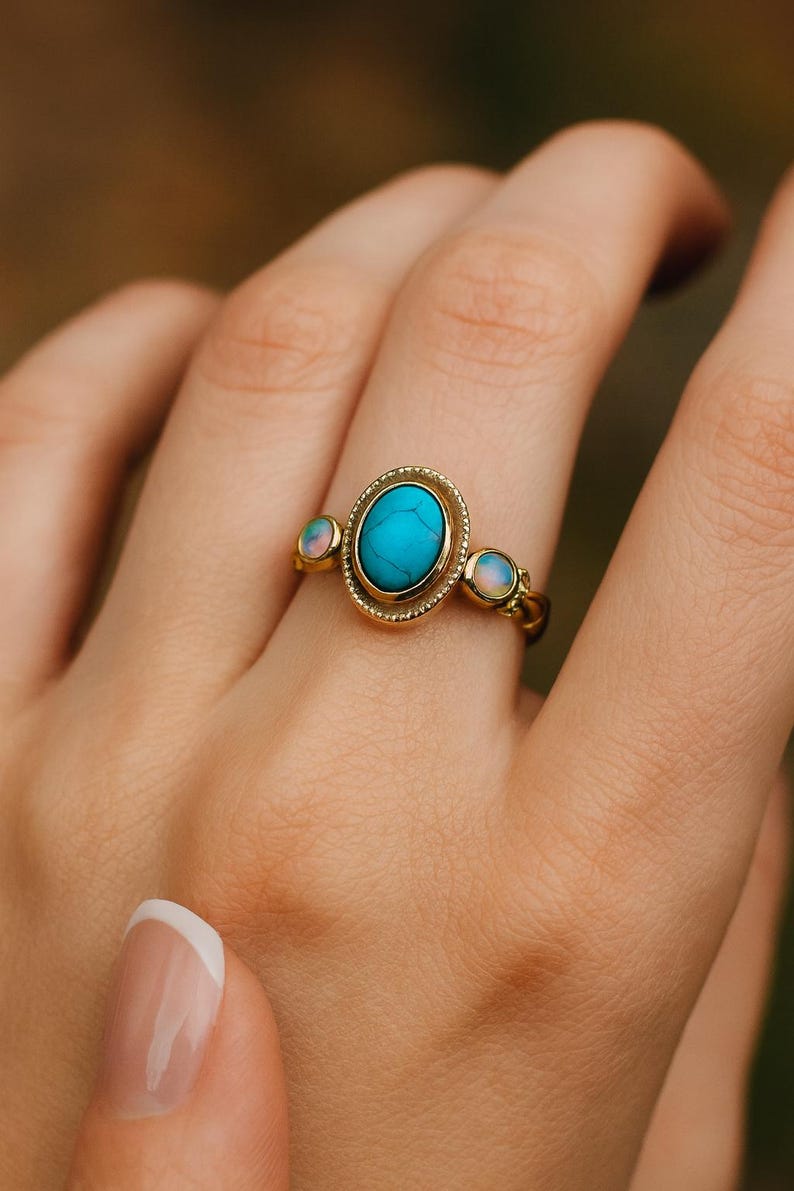 Turquoise Opal Ring, Gold Gemstone Ring with Opal Accents, Boho Statement Ring, Vintage Style Oval Stone Ring, Gift for Her image 2