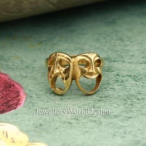 Theater Mask Brass Ring • Comedy Tragedy Face Ring • Handmade Drama Symbol Ring • Actor Gift Jewelry • Bold Brass Statement Ring