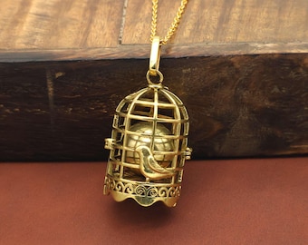 Brass Bird Cage Locket Necklace, Vintage Boho Harmony Ball Pendant