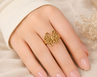 Anillo de mariposa de filigrana • Anillo de insecto de latón • Joyería artesanal inspirada en la naturaleza • Anillo de mariposa ajustable estilo boho • Anillo de regalo original
