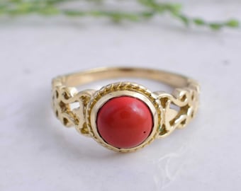 Red Coral Gold Ring, Vintage Filigree Ring, Natural Coral Cabochon Ring, Statement Ring for Women, Boho Antique Style Jewelry,     AK-3lk1dd