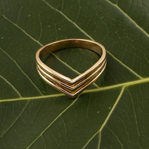 Może przedstawiać: Złoty pierścionek z wzorem w kształcie litery V. Pierścionek leży na zielonym liściu.