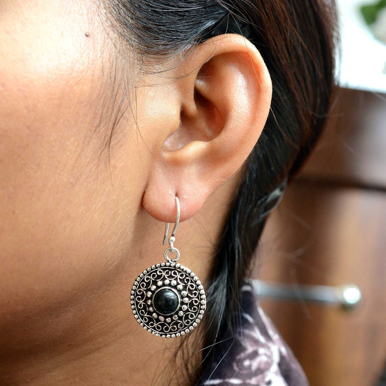 Black and gold huggie hoops, Dainty sleeper earrings with black spinel charms, Tiny second hole hoop, Silver image 8