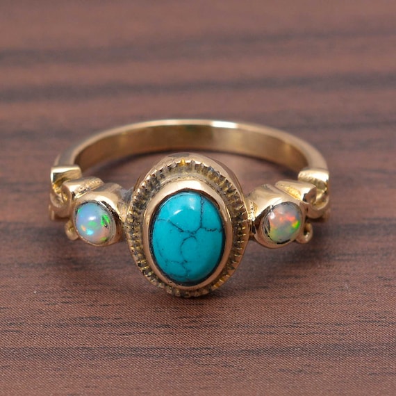 Turquoise Opal Ring, Gold Gemstone Ring with Opal Accents, Boho Statement Ring, Vintage Style Oval Stone Ring, Gift for Her