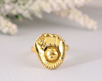 Gold Baseball Softball Gear Charm Ring, 10 Karat Solid Gold Brass ring, Baseball Jewelry with Optional Gold Ring, hamsa ring, Dainty ring