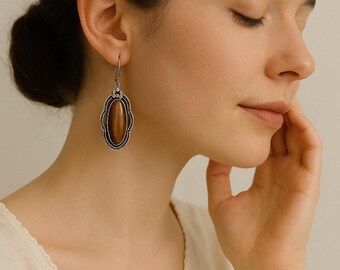 Tiger Eye Drop Earrings, Sterling Silver Boho Dangle Earrings, Vintage Style Gemstone Earrings, Long Statement Earrings for Women