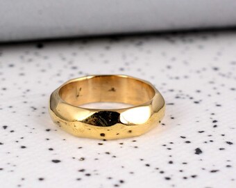 18K Yellow Gold Plated solid Brass hammered Wedding Band, Men's simple Ring, Hammered Ring, Dome Tungsten Ring, thumb hammered ring for men