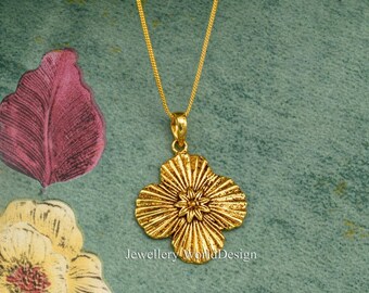 Gold Floral Pendant Necklace, Vintage Flower Charm Necklace, Botanical Statement Pendant, Elegant Textured Jewelry, Handmade Gift for Women