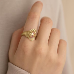 Gold Fish Ring with Gemstone Eyes | Adjustable Animal Jewelry | Unique Statement Ring for Ocean Lovers | garnet stone Dolphin ring