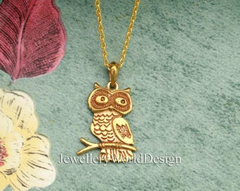 Owl Pendant Necklace Gold, Minimalist Owl Jewelry, Cute Animal Necklace, Brass Owl Charm Necklace, Nature Inspired Jewelry, Gift for Her