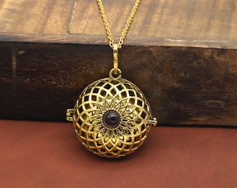 Gold Brass Mandala Locket Necklace, Secret Compartment Pendant, Vintage Boho Jewelry