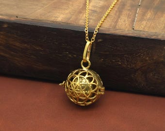 Gold Harmony Ball Locket Pendant, Butterfly Keepsake, Boho Minimalist Brass Necklace