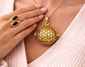 Gold Flower of Life Locket Necklace, Sacred Geometry Pendant, Brass Aromatherapy Jewelry
