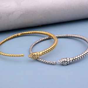 Op de afbeelding: Twee open armbanden in de vorm van een slang. Eén is goudkleurig, de andere zilverkleurig. De slangenkoppen en -lichamen hebben schubbenpatronen. De armbanden worden gepresenteerd op een lichtblauwe ondergrond.
