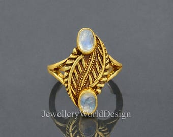 Moonstone Leaf Ring, Gold Plated Statement Ring, Boho Moonstone Ring, Adjustable Gemstone Ring, Nature Inspired Jewelry, Gift for Her