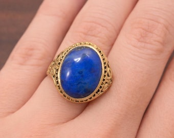 Lapis Lazuli Statement Ring, Blue Stone Oval Ring, Brass Gold Plated Boho Ring, Handmade Vintage Style Ring, Men Women Gift