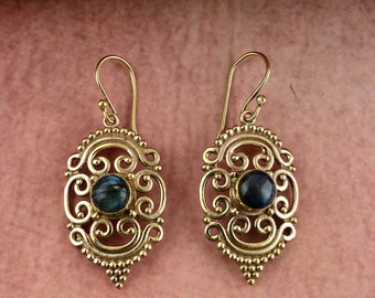 Labradorite Filigree Earrings, Brass Dangle Earrings, Boho Gemstone Earrings, Vintage Scrollwork Earrings, Statement Jewelry Gift for Her