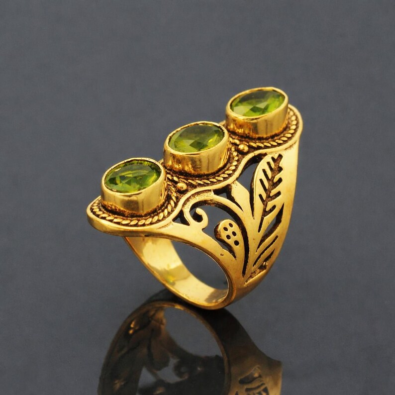 Peridot Gold Statement Ring, Triple Green Gemstone Ring, Vintage Style Handmade Brass Ring, Boho Luxury Jewelry, Gift for Her image 4