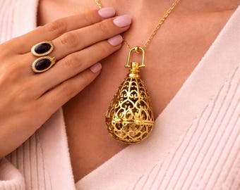 Gold Brass Filigree Locket Necklace, Vintage Boho Keepsake Aromatherapy Pendant