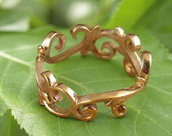 Anillo ajustable de filigrana de oro, anillo vintage con diseño de pergamino, anillo de banda abierta ornamentado, anillo barroco llamativo, anillo de oro, regalo de joyería bohemia para ella.